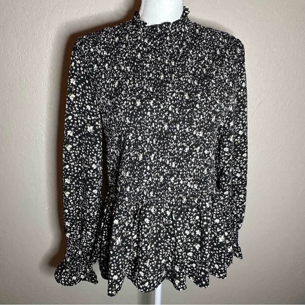 FLAWLESS Black and White Smocked Peplum Blouse